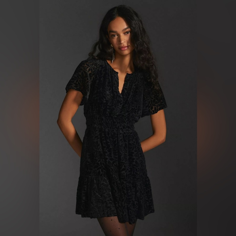 Anthropologie Black Velvet Floral Somerset Mini Dress